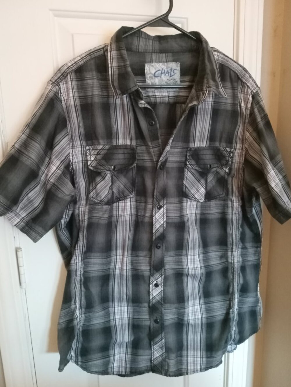 See Pics! Black Gray Purple & White Chalc Plaid Casual Button Down Shirt Size XL